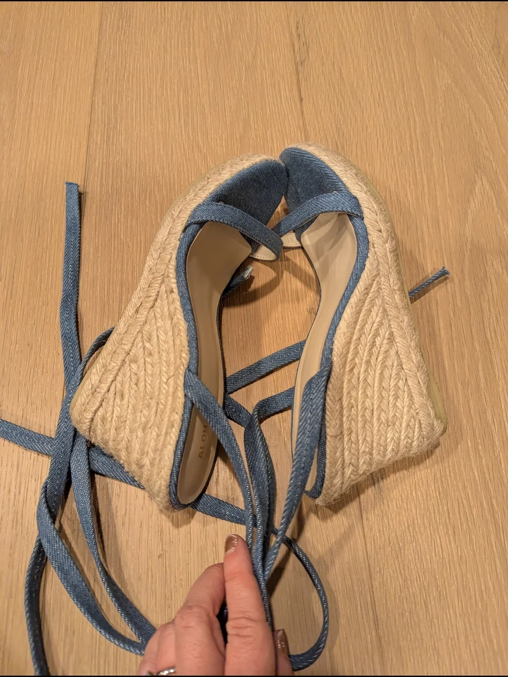 ALOHAS Blue Denim Wedge Espadrille Sandals with Lace-Up Ankle Tie